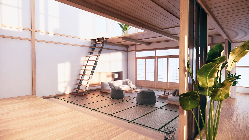Wnętrze domu urządzone w stylu japońskim, z drewnianą antresolą
